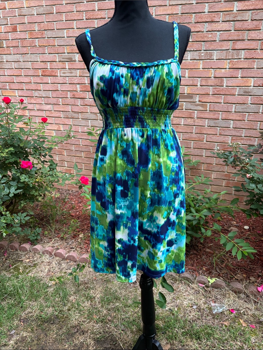 City Triangles Blue & Green Abstract Print Smocked Midi Dress